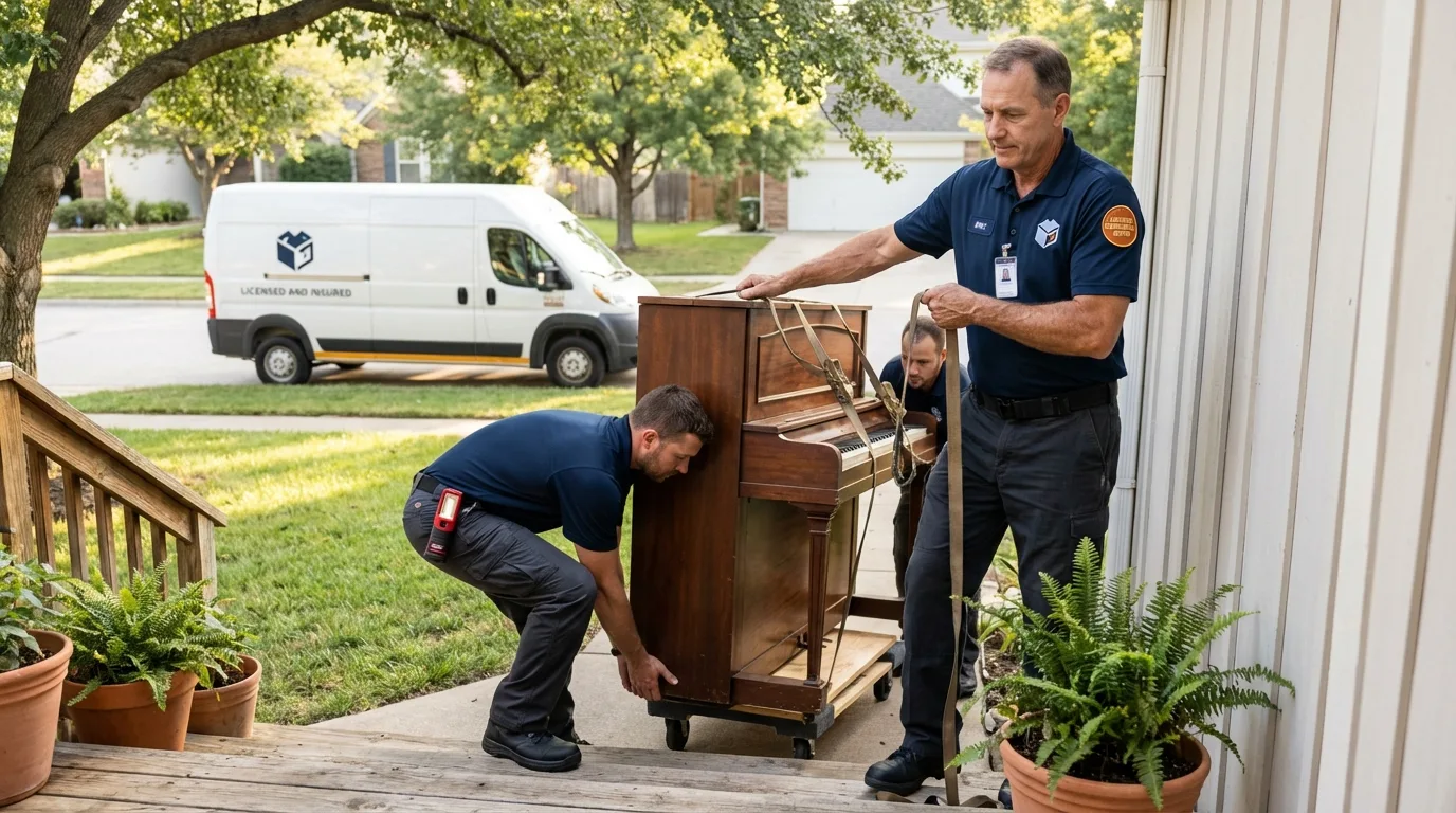 Licensed piano movers securing grand piano in Medina, OH