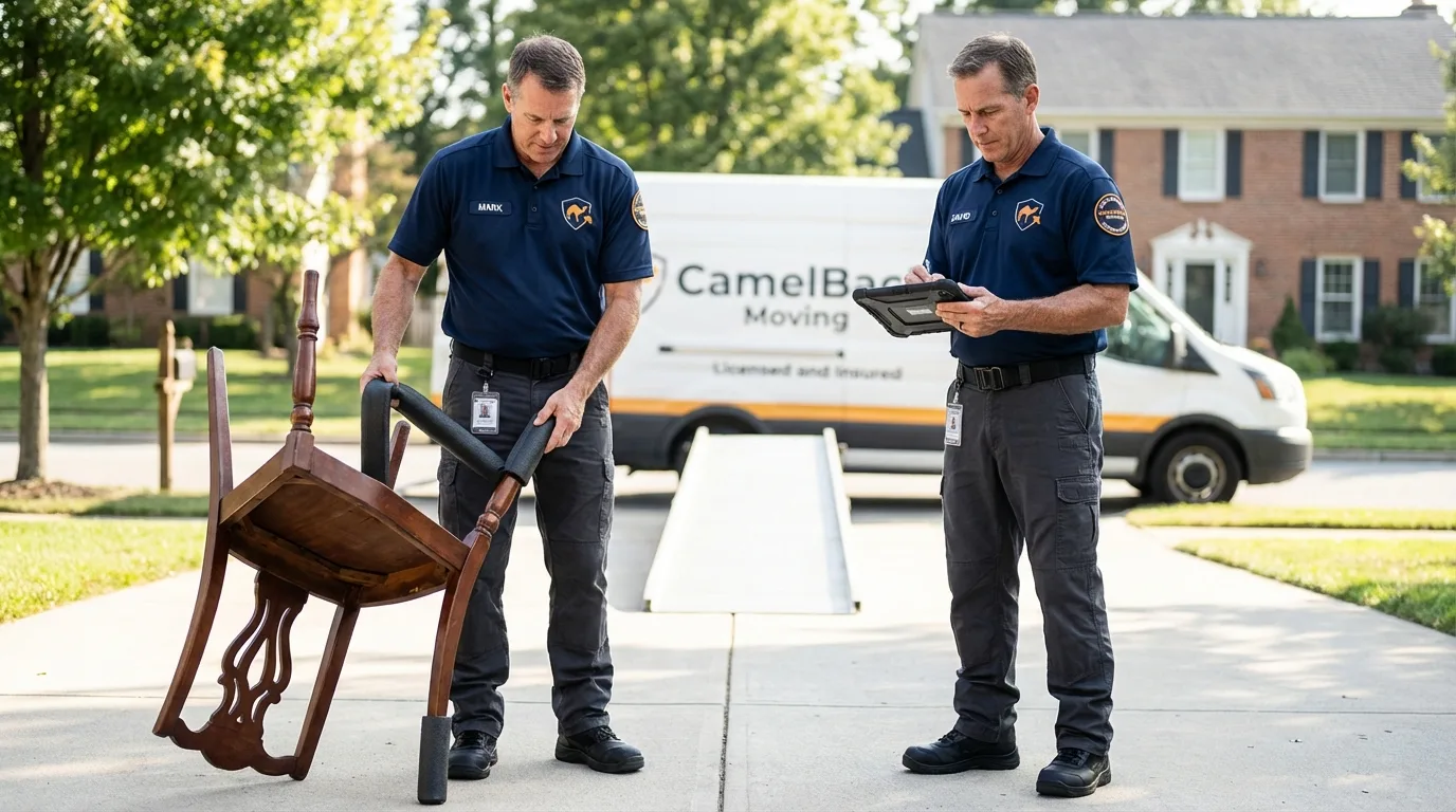 Movers inspecting furniture for damage prevention before loading in Medina, OH