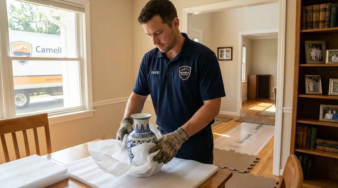 Professional crew carefully wrapping antique vase for senior downsizing move in Medina, OH